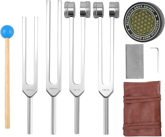Tuning Forks for Healing Set, 128Hz, 136Hz, 256Hz, 384Hz & Activator for Healing Chakra Set Sound Healing Therapy Aluminum Alloy Sensory Tuning Fork Activator for Healing
