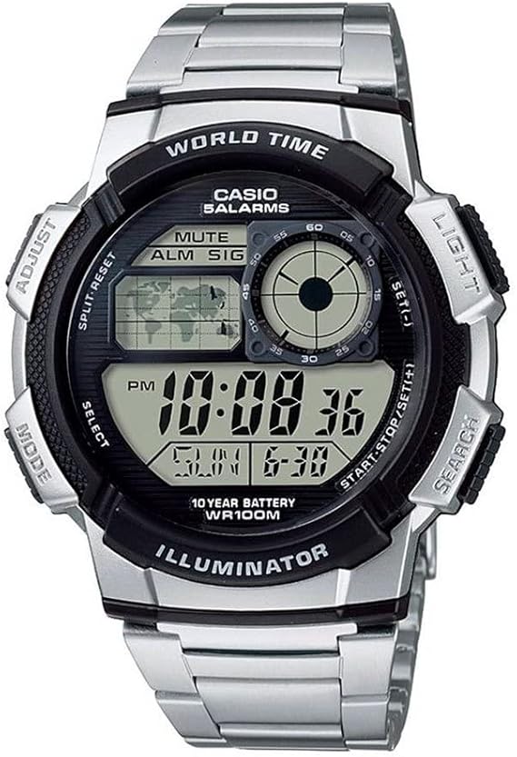 Casio AE1000W Series | Mens Digital Watch | 100M WR | Multi Alarms | 100 SEC Stopwatch | Countdown Timer | World Map for World Time | LED Light | LC Analog Display | 10 Year Battery