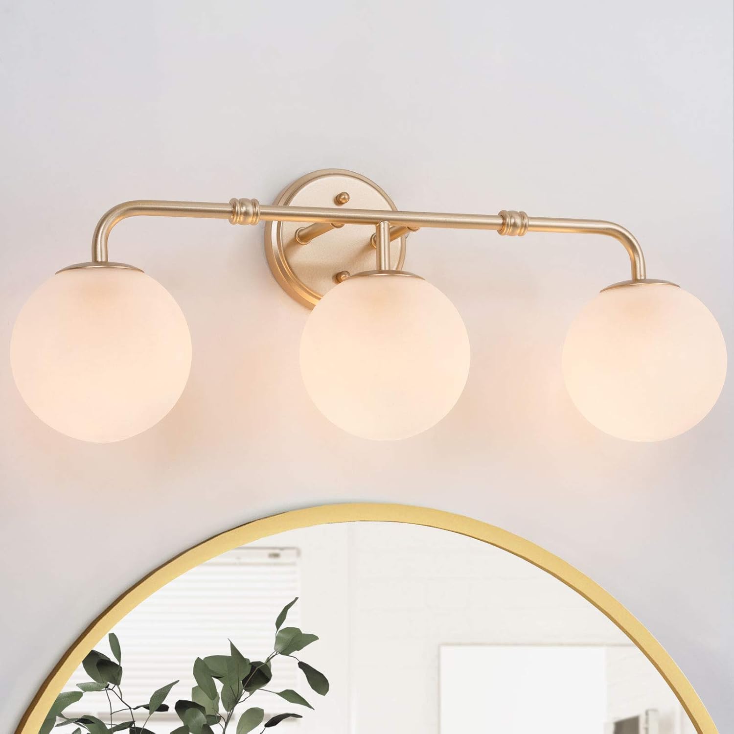 Bathroom Light Fixtures, 24.5L Large Gold Bathroom Light Fixtures, 3-Light Gold Vanity Light for Bathroom with White Frosted Glass Globe