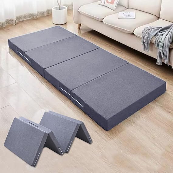 Mattress, Single, 4-fold, Overnight Sleeping Mat, High Resilience, Mattress, Foldable, Nap Mat, Lightweight, Handle Included, Washable Cover, Body Pressure Dispersion, Dust Mite Resistant