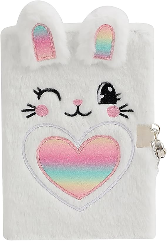 Kids Journal Secret Locking Fuzzy Diary for Girls, White Rabbit