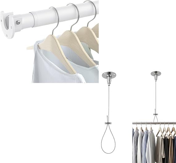 Closet Rods for Hanging Clothes, 17 to 28 Inch Heavy Duty Stepless Adjustable Closet Hanging Rod, Ceiling Support Closet Rod Bracket, Adjustable Closet Rod Holder