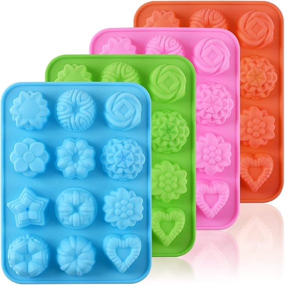 Newk Flower Shape Chocolate Silicone Mold, 12-Cavity Candy Baking Mold for Parties, Festival and DIY Crafts- Pack of 4, Green+ Blue+ Pink+ Orange