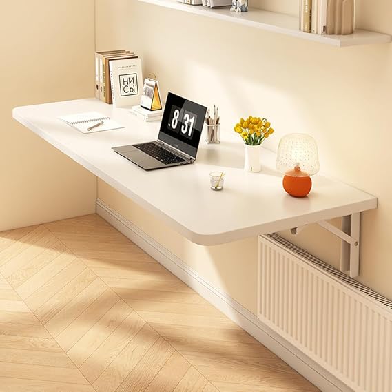 Wall Mounted Folding Desk, Wooden Foldable Breakfast Bar Table, Space Saving Floating Hanging Laptop Desk For Bedroom, Office, Balcony, Small Spaces (White, 60x40cm)