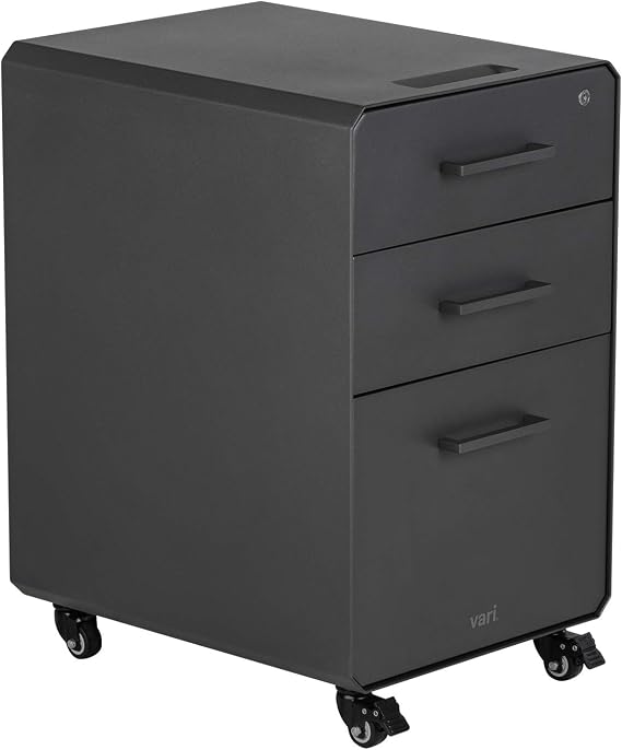 Vari Three Drawer File Cabinet - Mobile Filing Cabinet for Home or Office - Hanging File Storage - Lockable Drawers with Heavy-Duty Steel and Rolling Casters - Charcoal Grey