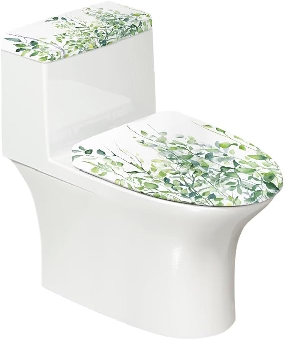 Toilet Lid and Tank Lid Covers, Green Leaves Print, Modern, Polyester