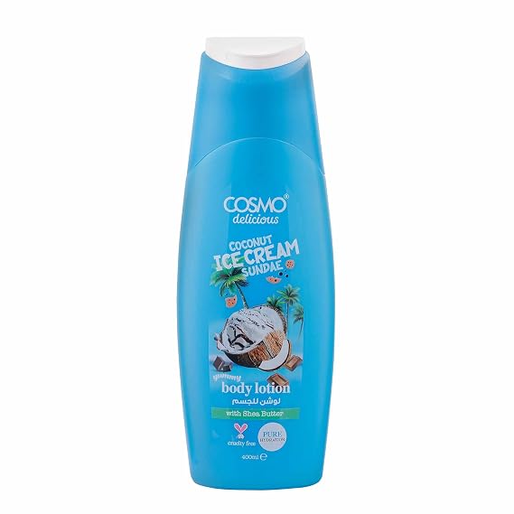 Cosmo Delicious Coconut Ice Cream Sundae With Shea Butter Pure Hydration Body Lotion 400ml, Hydrating & Nourishing, Non Greasy, Light Weight, Fast Absorbing Lotions, For All Skin Types, Tropical Scent