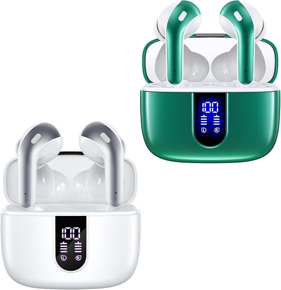 TAGRY 2 Sets X08 White and Forest Green Bluetooth Headphones True Wireless Earbuds 60H Playback Ear Buds with Wireless Charging Case in-Ear Earbuds with Mic