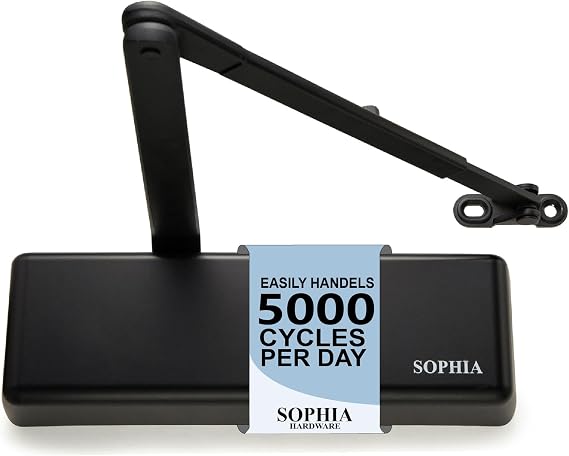 SOPHIA Commercial Door Closer Heavy Duty, Automatic Door Closer, ADA Compliant & UL Listed, Door Hydraulic Closer, Delayed Action, Adjustable Spring Size 1-6 for Heavy Traffic, Grade 1, Matte Black