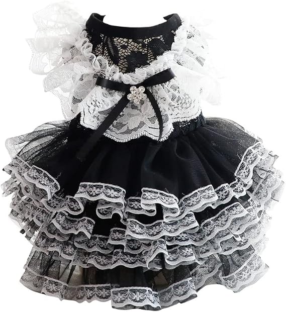 AZA Dog Wedding Dresses for Small Dogs Lolita Clothes Princess Cat Costume Lace Black Pet Girl Cute Coat Outfits Summer Costumes (XS,Black)