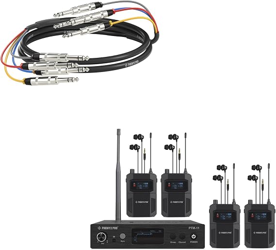 Phenyx Pro Wireless in Ear Monitor System PTM-11-4B Bundle with 6Ft TRS Snake Cable PCBL-QR4IN1-6