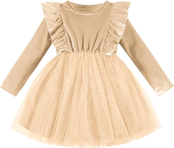 DREAM BUS Toddler Girl Christmas Dress Baby Girl Long Sleeve Ruffled Velvet Top Tulle Dress Special Occasion Dress