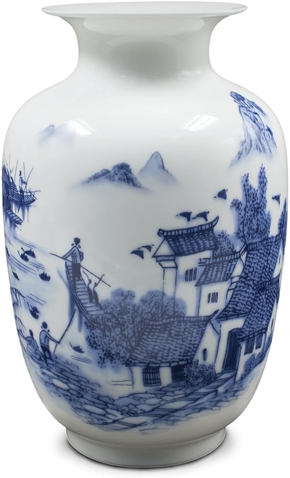 Dahlia Blue and White Vase, Handmade Chinese Porcelain Flower Vase, Waterside Village, Melon Shape 8.5 Inches