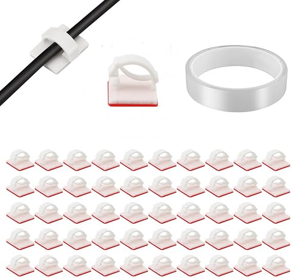 50 Pcs Self Adhesive Cable Clips, PNXKTXO Plastic White/Black Cable Management Clips Set Upgraded Cord Holder with Traceless Adhesive Tape (White)