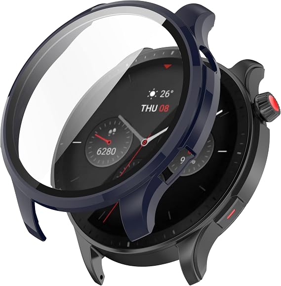 Compatible with Amazfit GTR 4 Case Cover, Scratch-Resistant PC Protective Case with HD Tempered Glass Screen Protector for Amazfit GTR 4 Smartwatch (Blue)