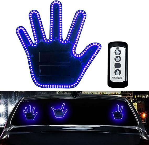 LED Gesture Light Comical Car Finger Light with Remote Ideal Gifted Car Accessories Funny Back Window Sign Car Gadget & Road Rage Sign Give The Love & Wave & Yead to Drivers-Blue