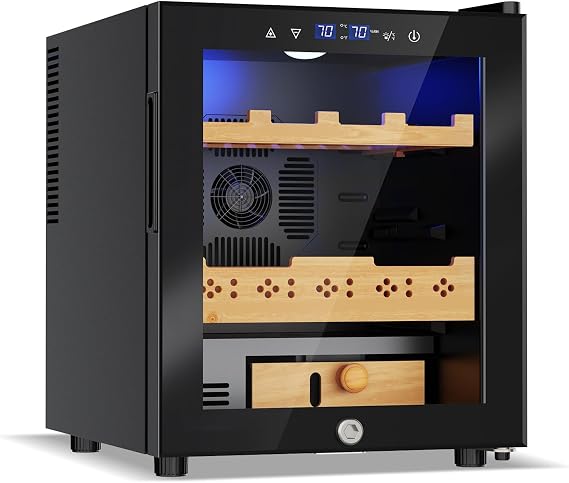 Velivi Electric Humidor-50L Cooling & Heating Humidor Cabinet, Smart Touch Control Humidity & Temp, Humidors wtih Spanish Cedar Wood Tray, Digital Display, Safety Lock, Desktop Gift for Men