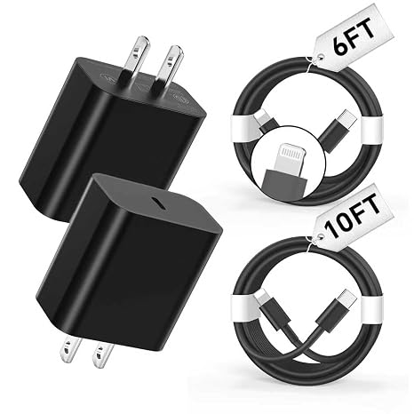 Phone Charger Fast Charging,MFi Certified 2-Pack 20W USB-C Wall Charger with 1-Pack 6FT/10FT Fast Charging Type-C to Liightning Cable for Phone 14/13/12/11/Plus/Pro/Pro Max/Mini/Pad(Black)