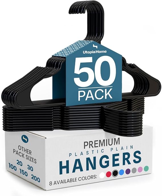 Utopia Home Plastic Hangers 50 Pack Space Saving Clothes Hanger Black | Durable & strong | Closet organizer & storage | Ideal for apartments, dorms & stocking stuffers