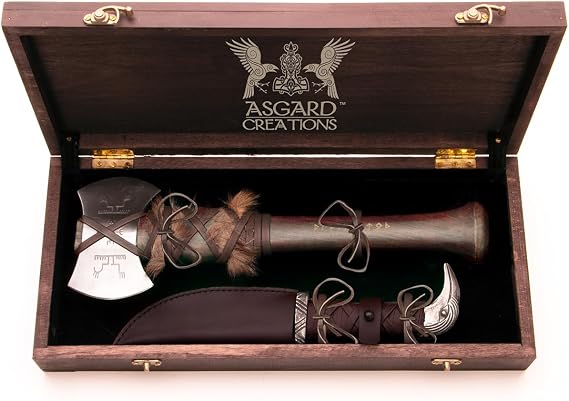 Windlass Viking Axe & Raven Knife Set Hand Forged High Carbon Steel Blades with Leather Sheaths in Wooden Gift Box for Collectors, LARP & Reenactments