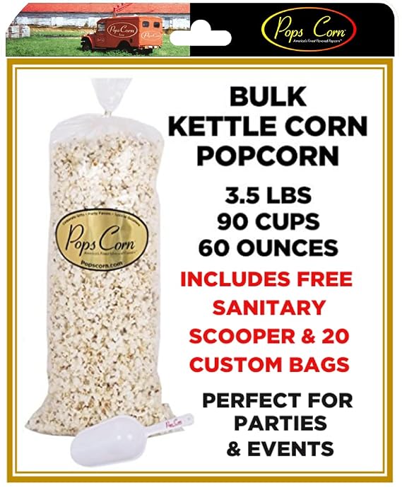Gourmet Kettle Corn Popcorn-Bulk-Wholesale-5 Gallons-90 cups-60 oz -FREE SANITARY SCOOPER & 20 gift bags included!
