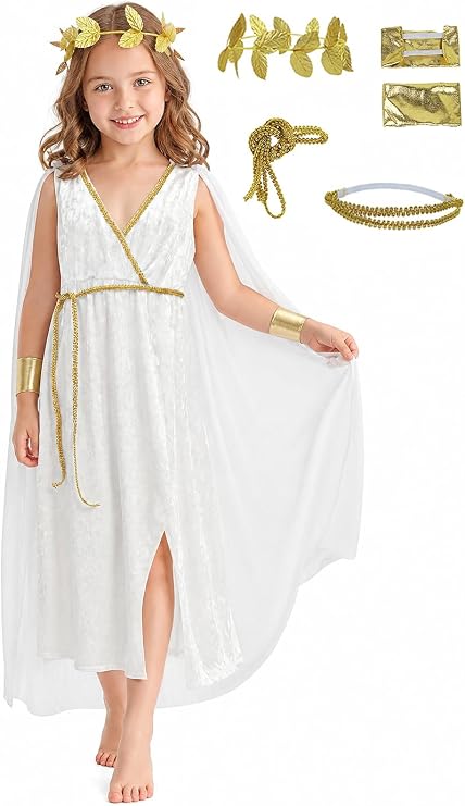JEGERMIG Girls Greek Goddess Costume, Toga Dress Set with 6 Accessories