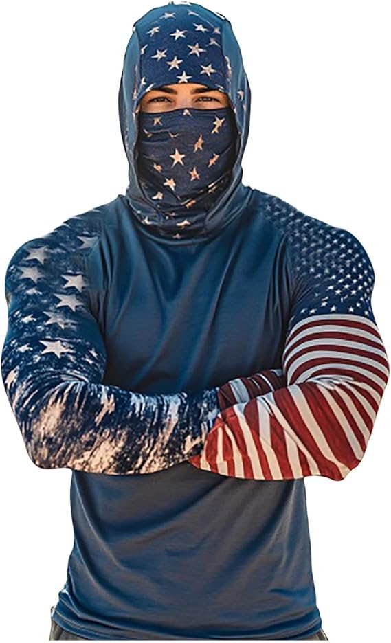 Men's Hooded UPF 50+ Sun Protection with Mask Athletic Fishing Shirts USA Flag Rash Guards T Shirts Long Sleeve