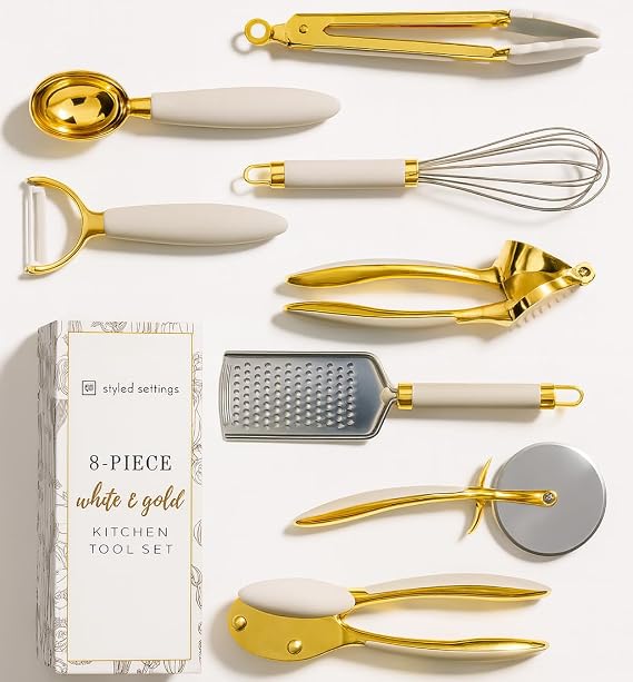 White & Gold Kitchen Tools and Gadgets - Deluxe 8 Piece Cooking Tools and Gadgets with Non-Slip Handles Gold Cookware Set Gold Kitchen Accessories and White Utensil Set Premium Kitchen Gadgets Set