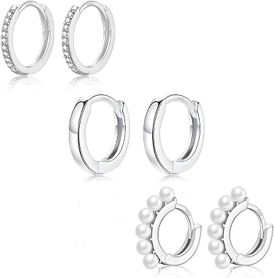 EPIRORA Sterling Silver Earrings for Women Girls, 3 Pairs 14K White Gold Plated Cubic Zirconia Huggie Hoops Pearl Hoops Set, 8mm Small Cartilage Earrings, Silver
