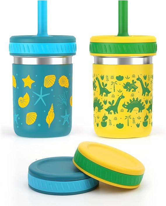 Sursip Toddler Kids Cups with Lids and Straws, Stainless Steel Toddler Sippy Cups Kids Tumbler with Silicone Straws for Smoothie, Drinking, Snacks,