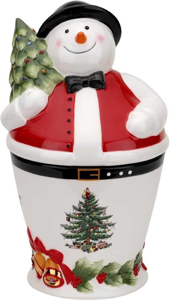 Spode Christmas Tree Mr. Snowman Cookie Jar - 10" Dolomite Christmas Jar with Lid - Winter-Themed Candy Jar for Kitchen Counter, Holiday Container, Festive Kitchen Decor, Seasonal Gift