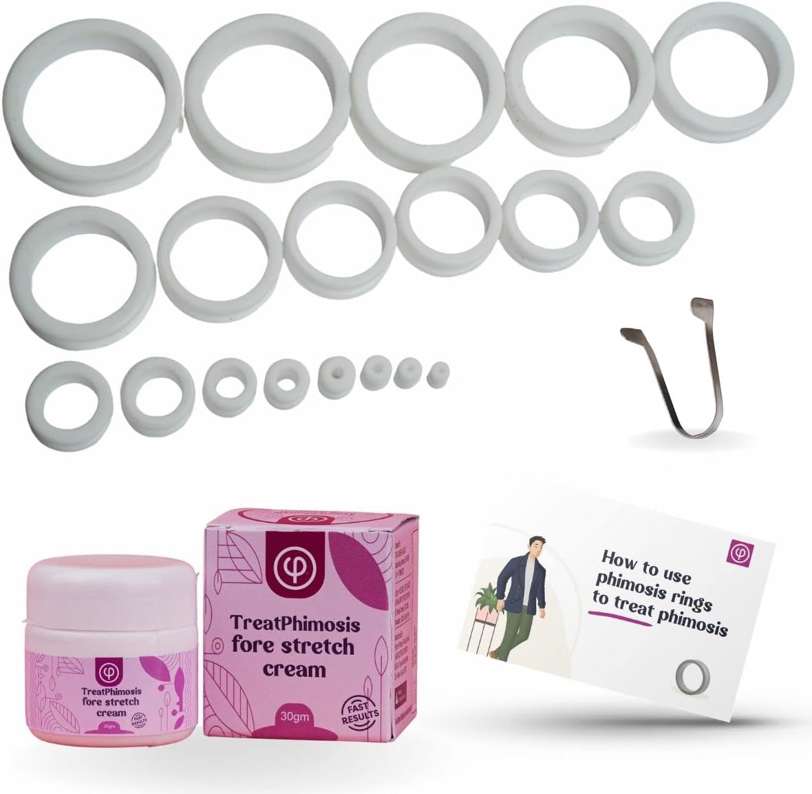 Vajraang Phimosis Stretching Rings 20 Rings Set with Fore-Stretch Cream, Tool, and How to Use Booklet, White, 3,4,5,6,8,10,12....38mm