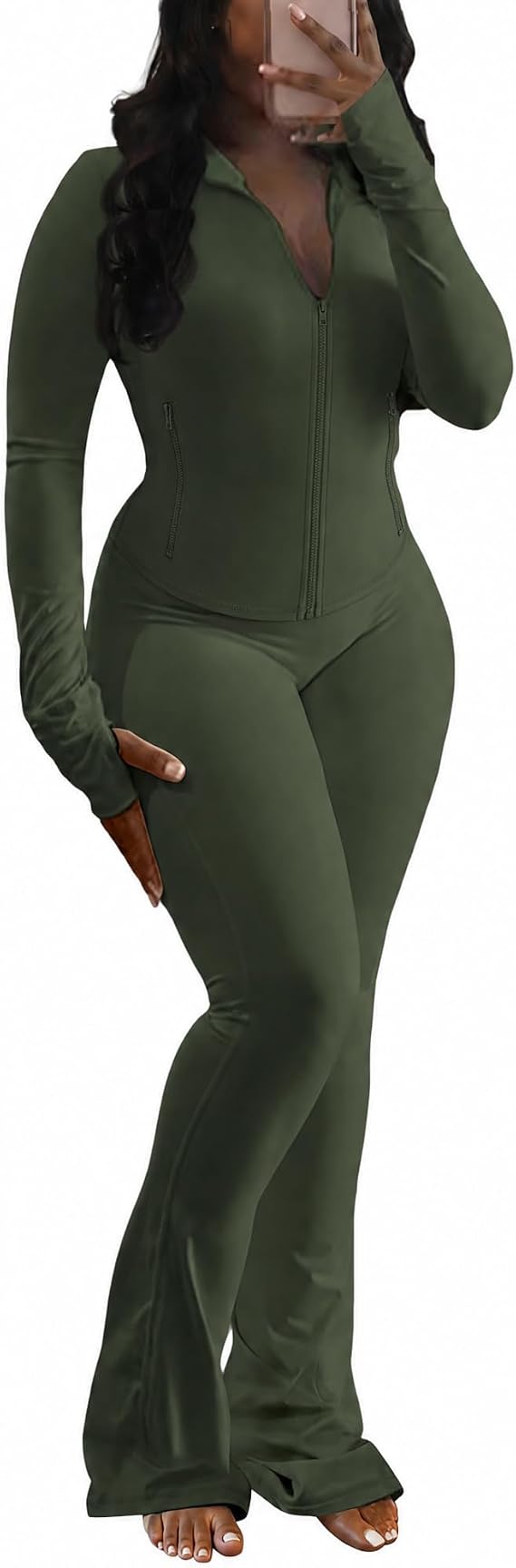 Adogirl Women 2 Piece Outfits Tracksuit Set Zipper Crop Jacket Flare Pants
