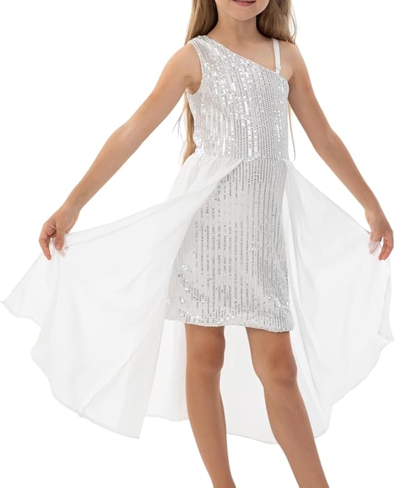 Girls Sequin One Shoulder Birthday Party Prom Dress