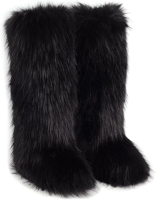 QMFUR Women's Furry Faux Fur Boot Fluffy Knee High Snow Boots Round Toe Suede Winter Comfy Plush Warm Outdoor Indoor Flat Shoes Fashion Boots