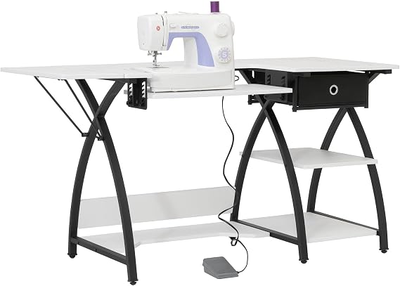 Sew Ready Comet Plus Craft Sewing Table 56.75 23.5 with Accurate Fabric Cutting Grid-Top & Storage Drawer, Black/White Grid