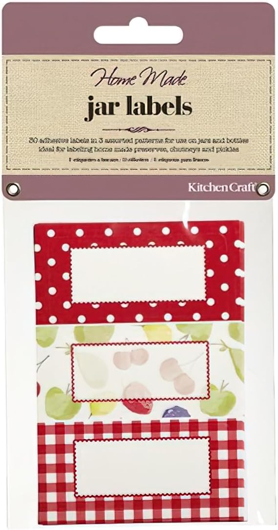 KitchenCraft Home Made Jam Jar Labels with Orchard Designs, Red/White, Pack of 30