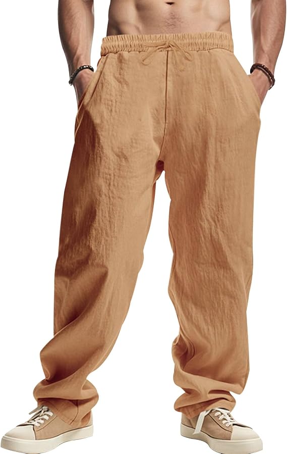 Mens Linen Pants Baggy Straight-Legs Elastic Waist Cargo Drawstring Beach Summer Casual Trousers with Pockets