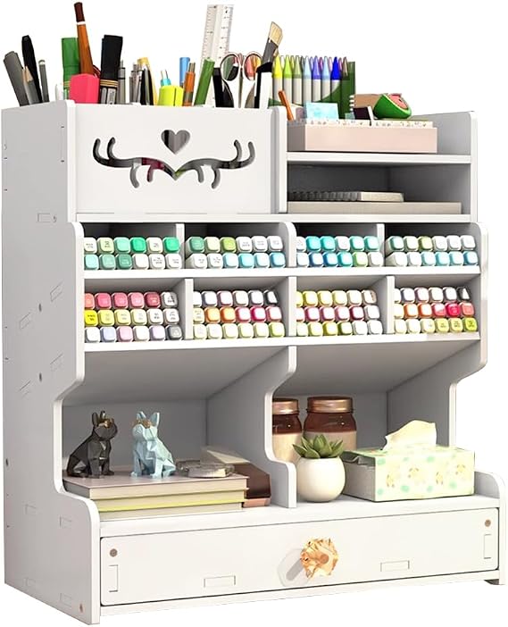 Desk Organizer with Drawer, White Large Capacity DIY Pen Holder Box
