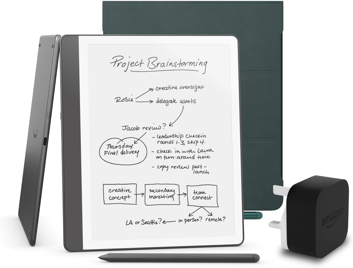 Kindle Scribe (2024 Release) 64 GB, an Amazon Premium Leather Cover and an Amazon Powerfast 9W Power Adapter