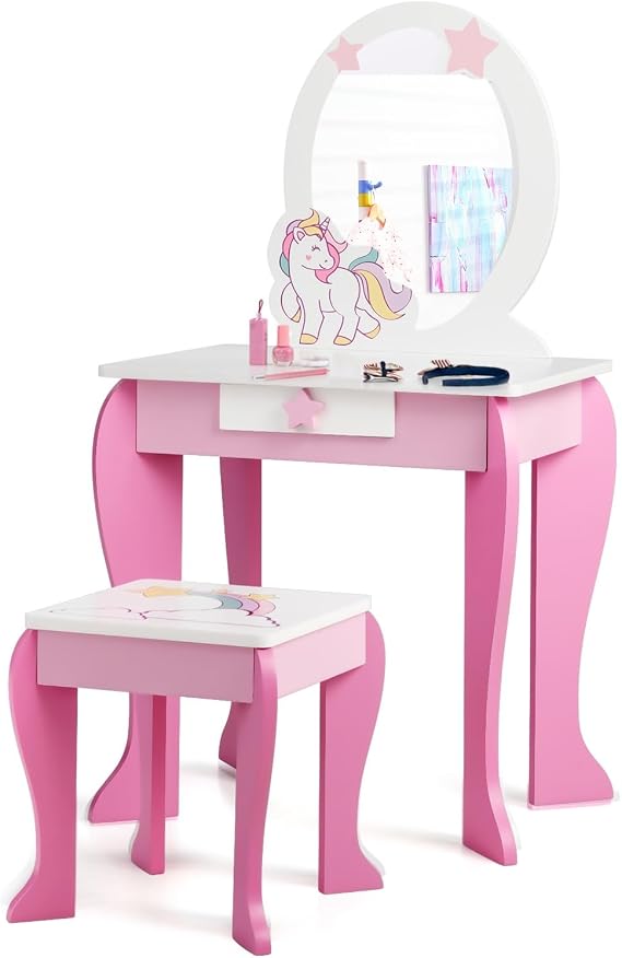AKUSTIK Kids Vanity, 2 in 1 Princess Wooden Table and Chair Set for Toddlers with Detachable Unicorn Mirror, Stool, Storage Drawer, Pretend Beauty Make Up Dressing Play Set for Girls Age 4-9