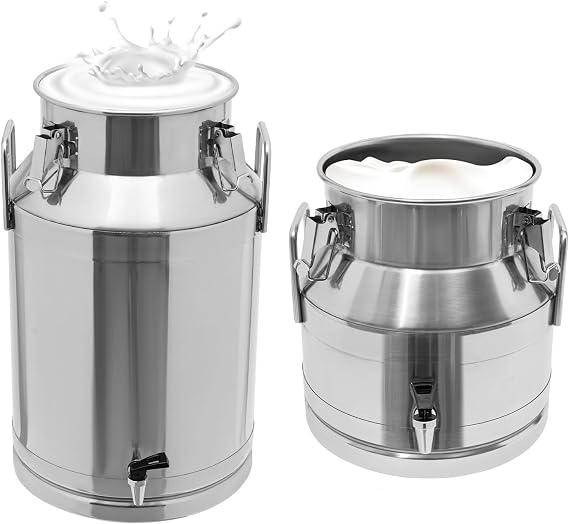 Milk Can, 304 Stainless Steel Water Bucket with Locking & faucet Sealed Lid Beverage Dispenser Airtight Food Storage Containers for Home Farm & Commercial Kitchens (10Gal+5Gal)