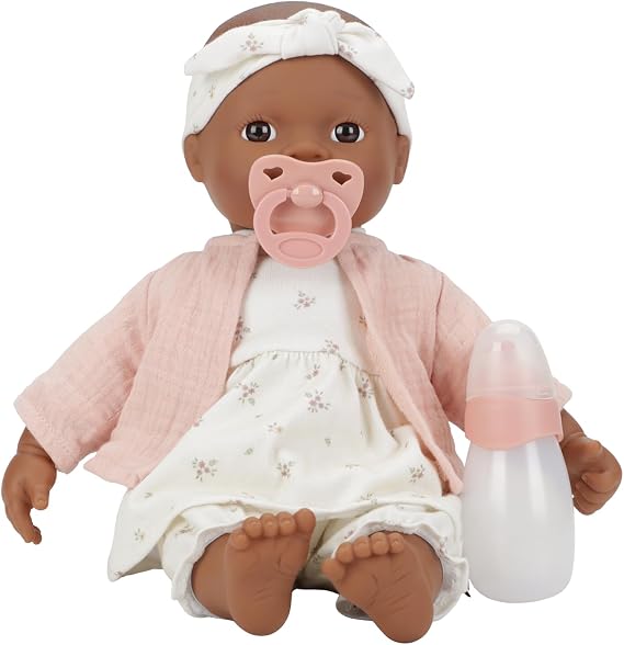 Little Dutch Baby Doll Noa 7-Piece Set (Doll Clothes Dummy and Drinking Bottle) Brown Eyes and Soft Body - 36 cm - from 18 Months