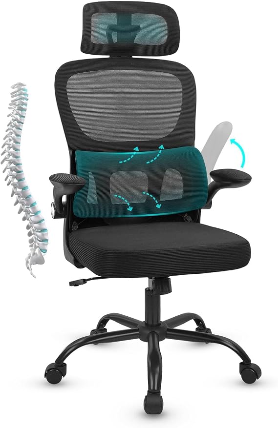 CLATINA Ergonomic Office Desk Chair with Adjustable Headrest and Lumbar Support, Flip-Up Arms High Back Swivel Rolling Mesh Computer Executive Chairs with Wheels for Home Task Conference Room, Black