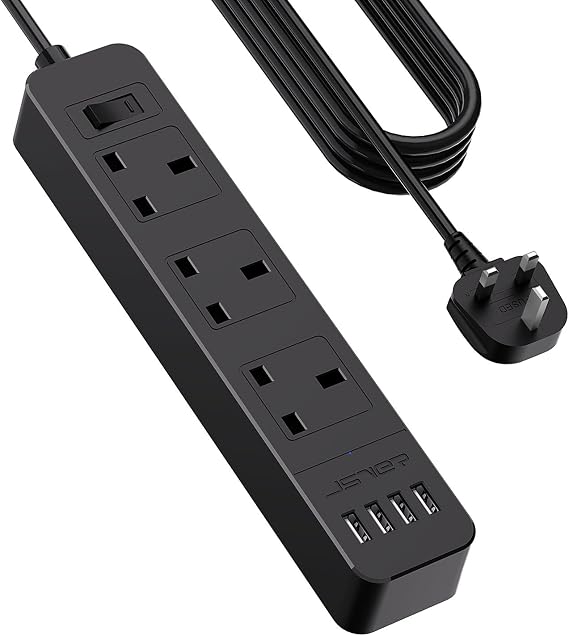 JSVER Extension Lead with USB Slots, 5M Power Strip 3250W 13A with 3Way and 4 USB Smart Charging Ports Desk Power Socket with Switch for Home Travel-Black