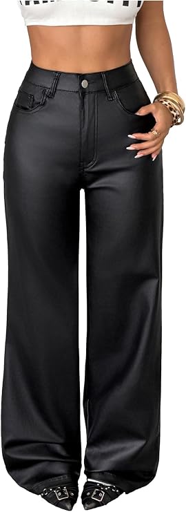 WDIRARA Women's High Waisted PU Leather Pants Punk Straight Leg Trousers
