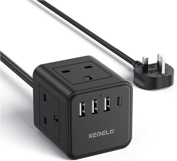 Cube Extension Lead with 4 USB Slots, Kemelo 4 Way (13A/3250W) Multi Plug Extension Cable with Child Safety UK Desktop Power Extension Socket,1.5M Extension Cords for Home Dorm Office Travel, Black
