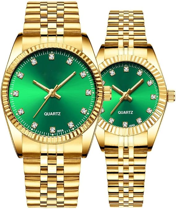 Couple Watches Fashion Silver Stainless Steel Pair Watches for Men Women Matching Quartz Wrist Watch Gift Set of 2, Gold Green, Classic