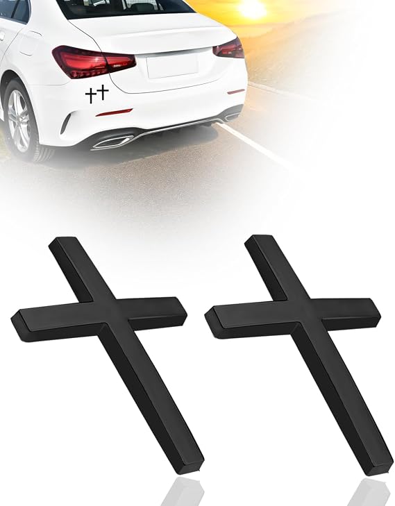 2PCS Metal Jesus Cross Car Emblem, 2.5"1.8" 3D Silver Alloy Religious Jesus Christ Cross Badge Stickers, Self-Adhesive Automotive Christian Decals for Car Body, Tailgate, Window (Black)