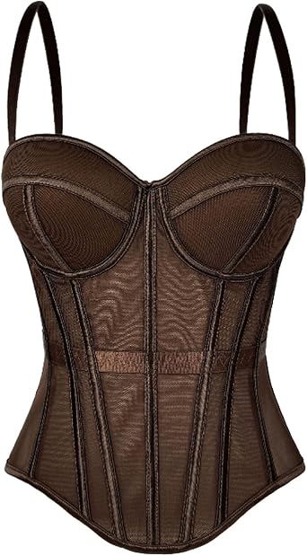 VEENDEO Women's Sequin Bustier Crop Top Mesh Corset Top Push up Rhinestone Diamond Bra Club Party Vest Detachable Straps